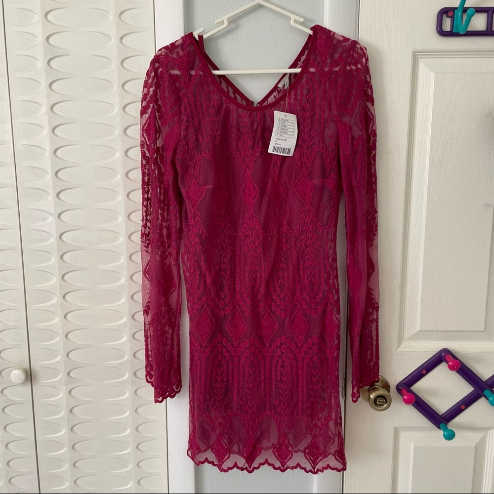 Raspberry lace long sleeve dress by Urban Outfitters